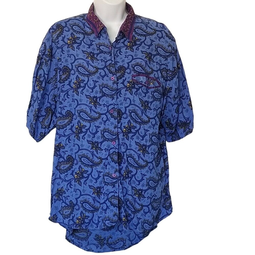 Vtg 80s High Advantage Short Sleeve Shirt Womens 22 Paisley Blue Button Up Hi Lo - Picture 3 of 11